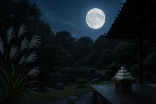 静かな庭園と満月の夜 静かな庭園と満月の夜の写真