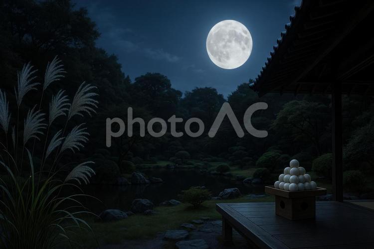 静かな庭園と満月の夜 月見,中秋の名月,満月の写真素材