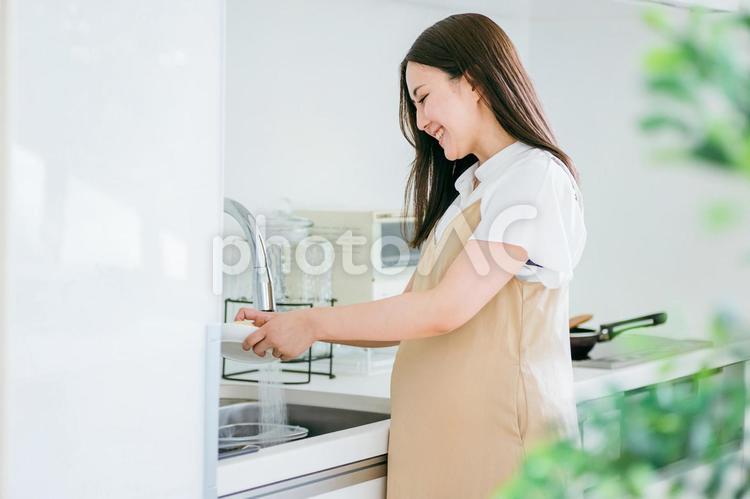皿洗いをする妊婦 妊婦,家事,妊娠の写真素材