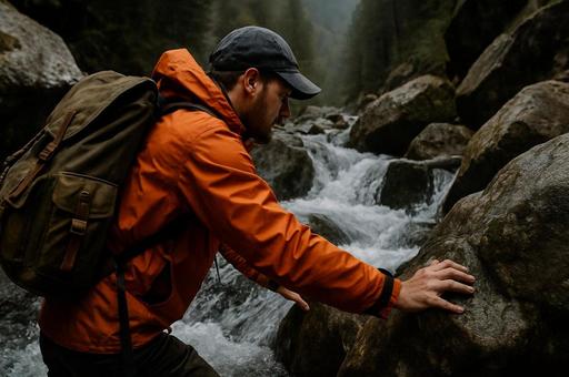 川を渡る登山者 川を渡る登山者の写真