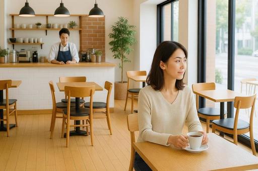 カフェでくつろぐ女性・コーヒータイム カフェでくつろぐ女性・コーヒータイムの写真