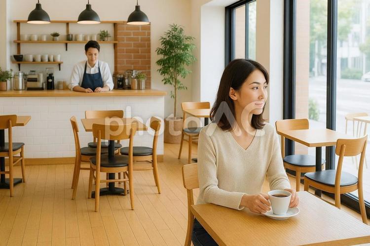 カフェでくつろぐ女性・コーヒータイム カフェ,女性,リラックスの写真素材