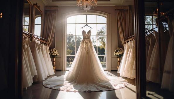 ウェディングドレスがかかる結婚式場の控室の写真