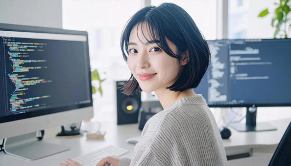 プログラミングをする女性エンジニア プログラミングをする女性エンジニアの写真