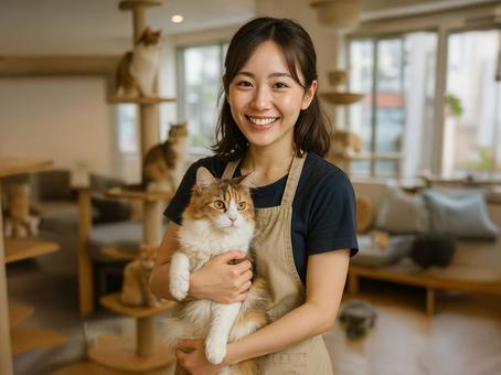 猫と若い女性 猫と若い女性の写真