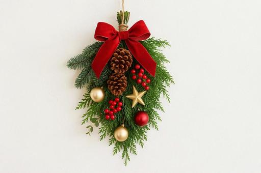 赤いリボンのクリスマススワッグ・飾り 赤いリボンのクリスマススワッグ・飾りの写真