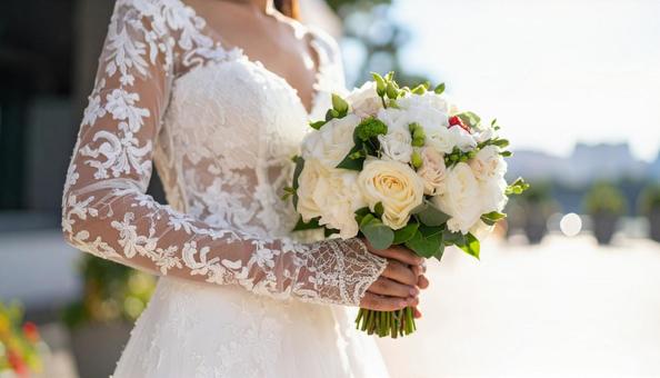 白いウエディングブーケを持つ花嫁 白いウエディングブーケを持つ花嫁の写真