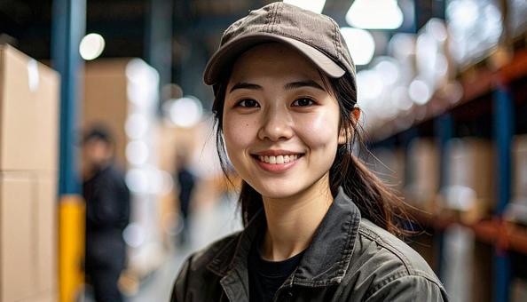 倉庫で働く作業服の20代の日本人女性 倉庫で働く作業服の20代の日本人女性の写真