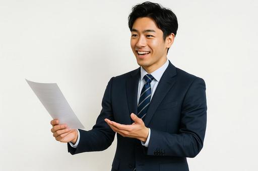 書類を持ってプレゼンするサラリーマンの写真