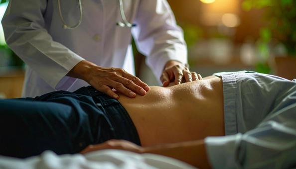 男性患者の腹部の触診を行う医師の写真
