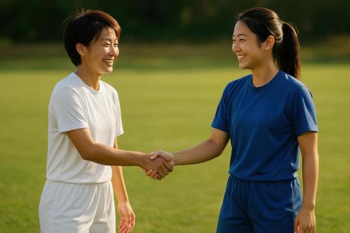 握手する女子サッカー選手 握手する女子サッカー選手の写真