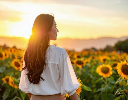 夏の日の夕方のひまわり畑にいる女性の写真
