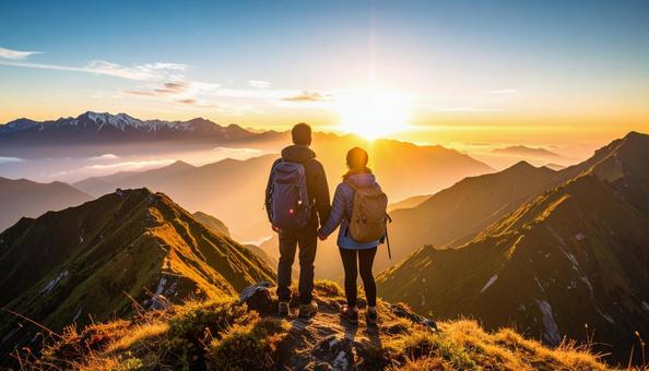 山から朝日を眺める日本人カップル 山から朝日を眺める日本人カップルの写真