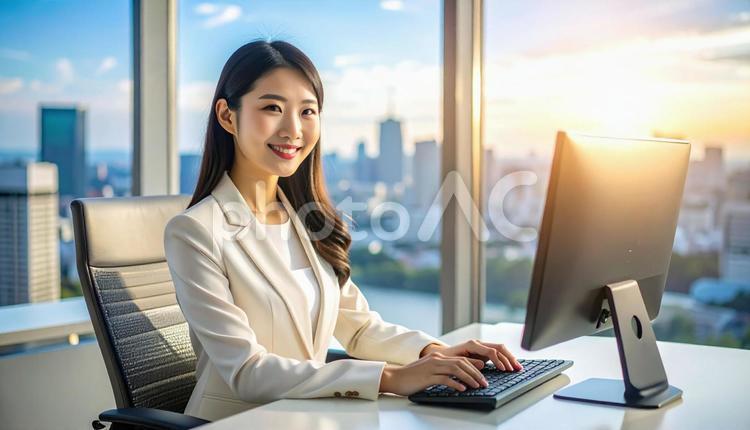 パソコンで仕事する女性会社員　スーツ 女性,パソコン,ラップトップの写真素材
