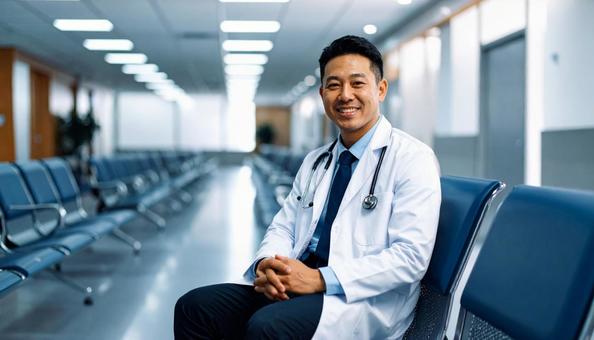 椅子に座る男性医師 椅子に座る男性医師の写真