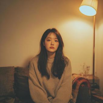 ソファに座る若い女性 ソファに座る若い女性の写真