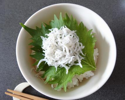 Shira Rice, shirasu, las hojas de shiso, arroz, JPG