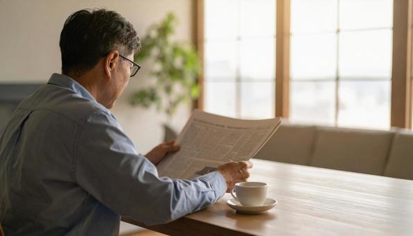 新聞を読む人の後ろ姿 新聞を読む人の後ろ姿の写真