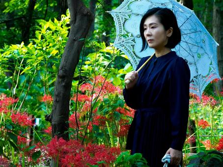 40:彼岸花を静かに眺める女性 40:彼岸花を静かに眺める女性 彼岸花,ミステリアス,悲しげの写真素材