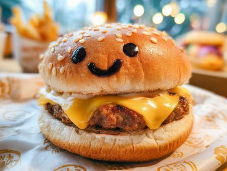 笑顔が可愛いキャラクターハンバーガーの写真