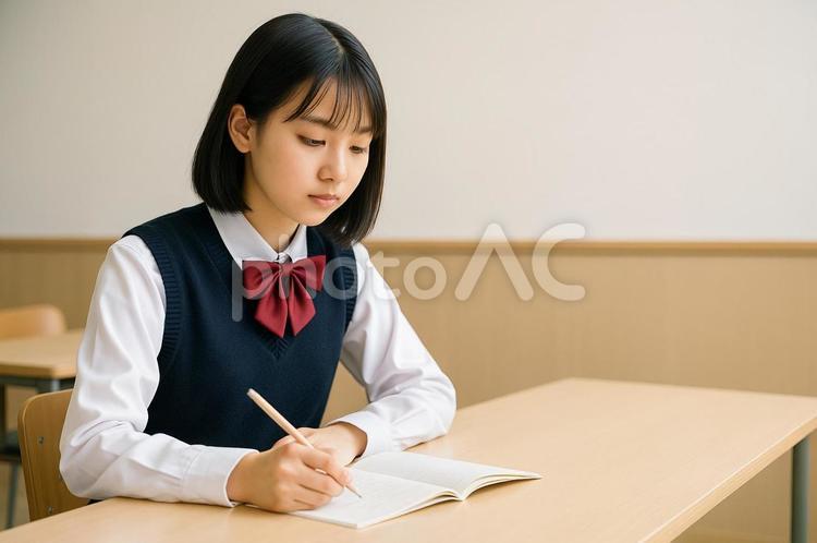 塾の自習スペースで勉強に取り組む中学生 学習塾,勉強,家庭の写真素材