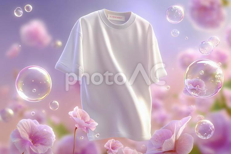 洗濯石鹸の泡とピンクの花に包まれた白い服 洗濯,洗剤,tシャツの写真素材