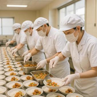 複数の調理師がライン作業で給食準備 複数の調理師がライン作業で給食準備の写真
