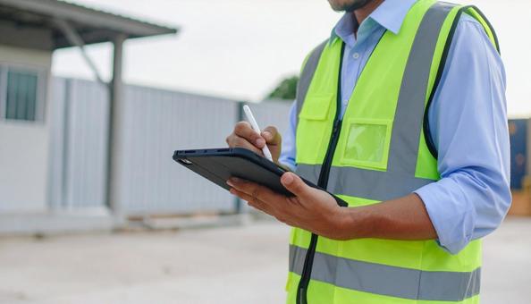 A man in work clothes typing on a tablet with a pen, general contractor, inspection, tablet, JPG