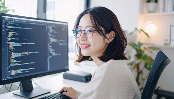 プログラミングをする女性エンジニア プログラミングをする女性エンジニアの写真