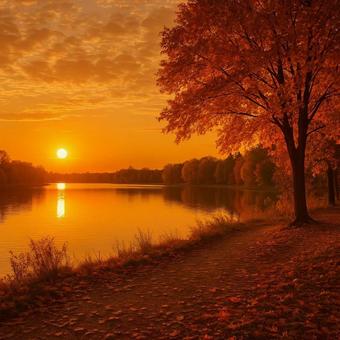 秋の夕暮れと紅葉に染まる湖畔 秋の夕暮れと紅葉に染まる湖畔の写真