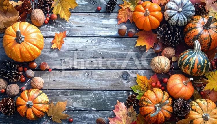 カボチャと秋素材のフレーム　木目背景 ハロウィン,カボチャ,秋の写真素材