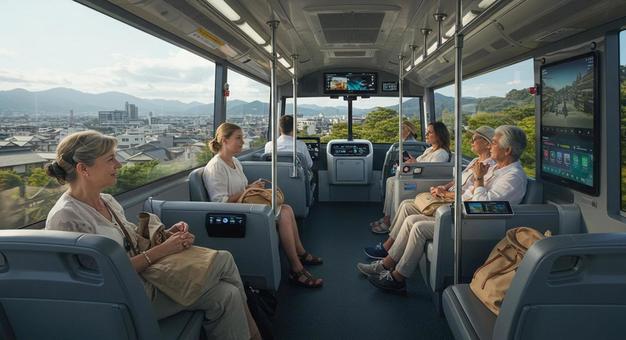 AI全自動運転バスで京都を楽しむ観光客の写真