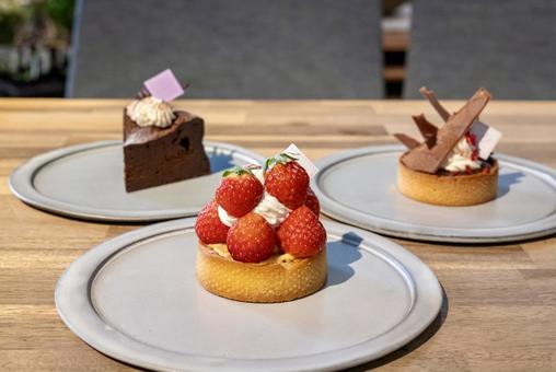 カフェスイーツ3種セット カフェスイーツ3種セット イチゴ,タルト,ケーキの写真素材