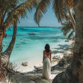 後ろ姿の女性と美しい南国の海 後ろ姿の女性と美しい南国の海の写真