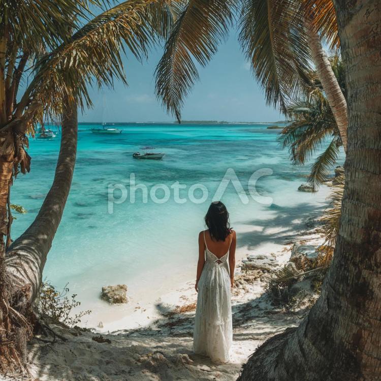 後ろ姿の女性と美しい南国の海 女性,後ろ姿,ドレスの写真素材
