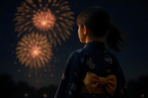 後ろ姿で花火を見つめる少女 後ろ姿で花火を見つめる少女の写真