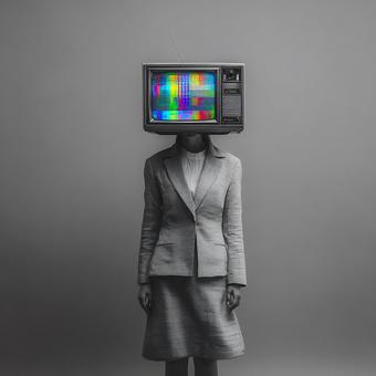 テレビの頭を持つ女性のモノクロ写真 テレビの頭を持つ女性のモノクロ写真の写真