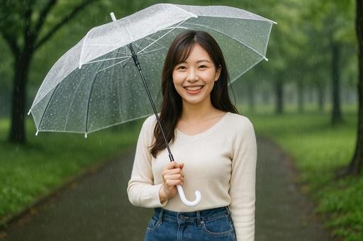 雨の笑顔とニットの女性 雨の笑顔とニットの女性の写真