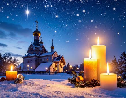 キャンドルと聖夜の教会を描いたクリスマス キャンドルと聖夜の教会を描いたクリスマスの写真