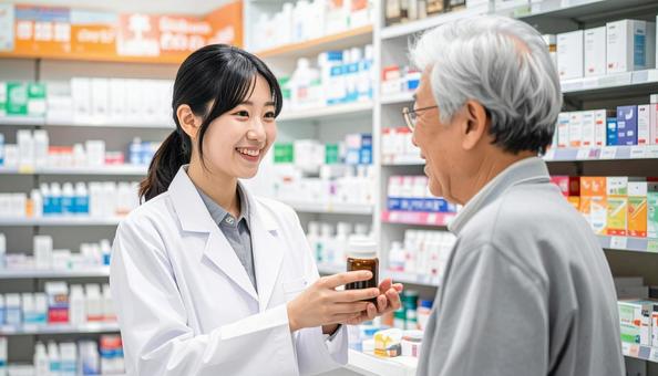 笑顔で接客する働く薬剤師 笑顔で接客する働く薬剤師の写真
