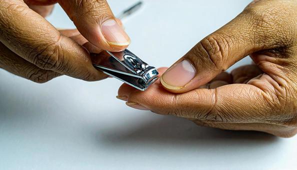 爪切りで爪を切る女性の手元 爪切りで爪を切る女性の手元の写真