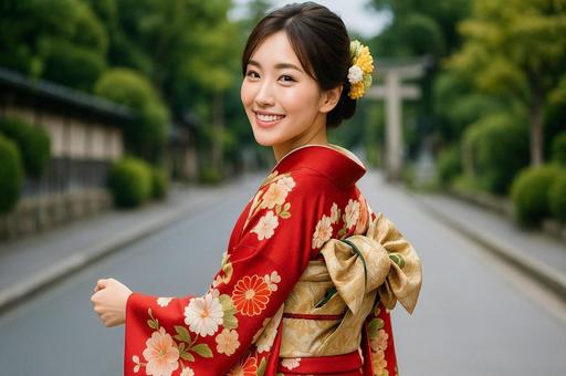 笑顔の女性と赤い着物の後ろ姿・和服美人 笑顔の女性と赤い着物の後ろ姿・和服美人の写真