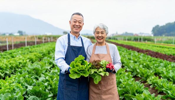 野菜畑で野菜を抱えるシニア夫婦 野菜畑で野菜を抱えるシニア夫婦の写真