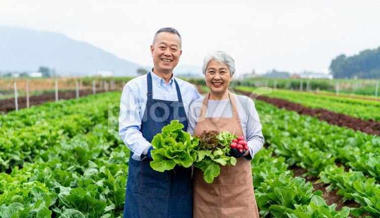 野菜畑で野菜を抱えるシニア夫婦 おじいさん,おばあさん,カップルの写真素材
