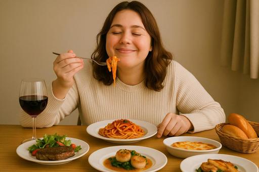 食欲の秋を満喫中の女性 食欲の秋を満喫中の女性の写真