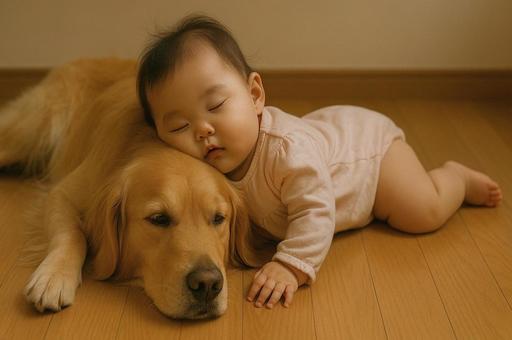 犬を枕にして寝ている赤ちゃん 犬を枕にして寝ている赤ちゃんの写真