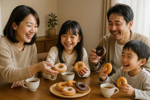 家族でおやつ時間にドーナツを楽しむ 家族でおやつ時間にドーナツを楽しむの写真