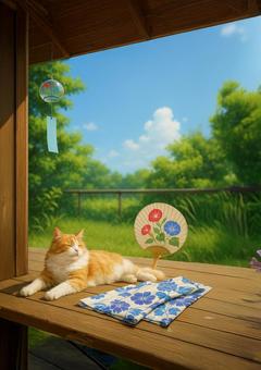 Long-haired cat enjoying a nap on the veranda in summer, a vacation, sunlight, cat, JPG