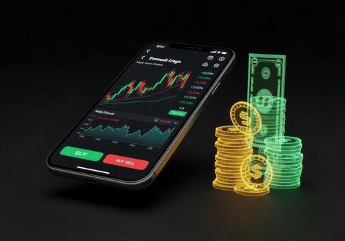 スマホと積み重なる光るコインと紙幣 スマホと積み重なる光るコインと紙幣の写真