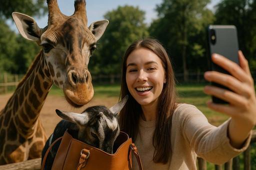 キリンとヤギと人物の自撮り キリンとヤギと人物の自撮りの写真